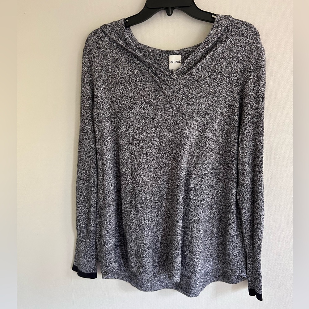 NIC+ZOE The Vital Hoodie Black Mix Stretch Knit V-Neck Pullover Sweater Comfy XL - Picture 4 of 13